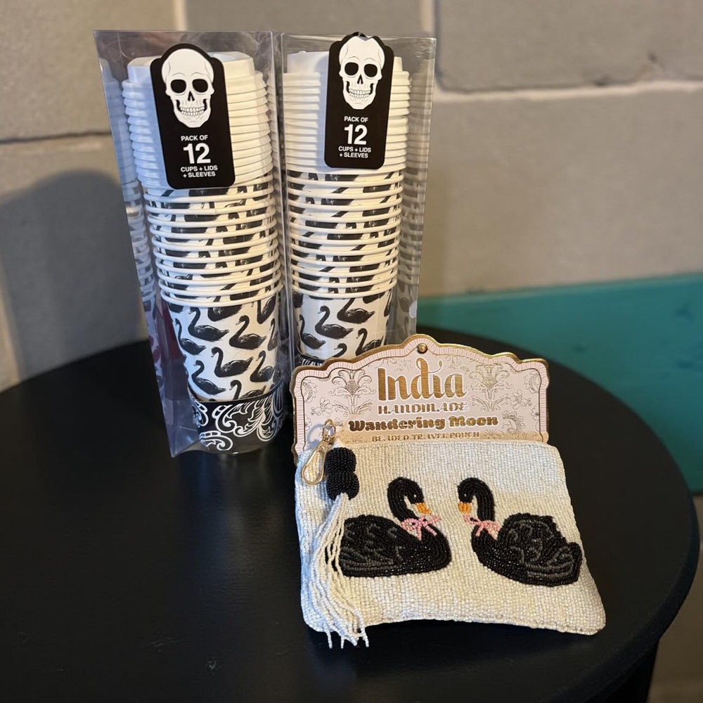 Wandering Moon NWT Black Swan Beaded Travel Pouch & 24 Paper Cups with Lids